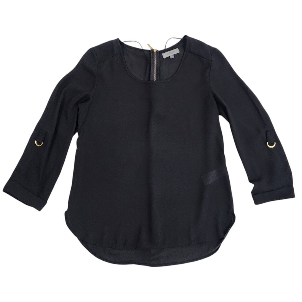 Apology London Black Top Blouse Back Gold Zip High-low Roll-tab Sleeve Size S